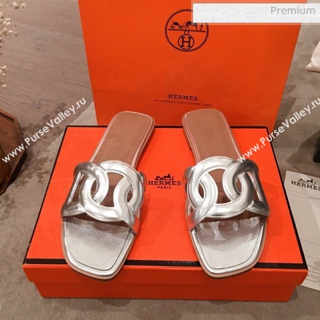 Hermes Aloha Calfskin Fringe Flat Slide Sandal Silver 2020 (KL-20031415)