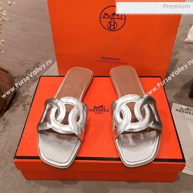 Hermes Aloha Calfskin Fringe Flat Slide Sandal Silver 2020 (KL-20031415)