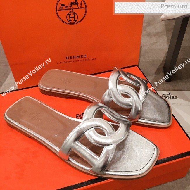 Hermes Aloha Calfskin Fringe Flat Slide Sandal Silver 2020 (KL-20031415)