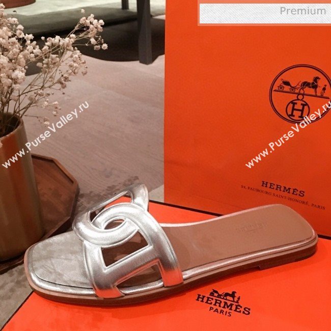 Hermes Aloha Calfskin Fringe Flat Slide Sandal Silver 2020 (KL-20031415)