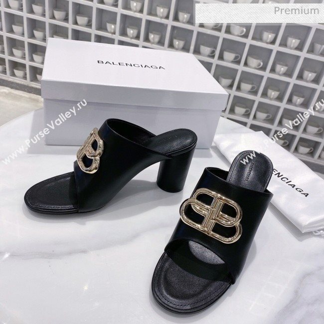 Balenciaga Oval BB Calfskin High-Heel Mules Slide Sandal Black/Gold 2020 (DLY-20031417)