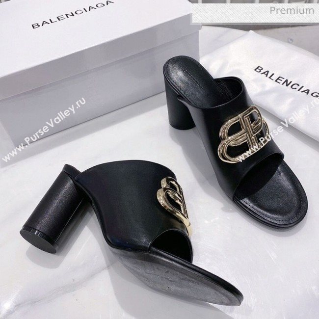 Balenciaga Oval BB Calfskin High-Heel Mules Slide Sandal Black/Gold 2020 (DLY-20031417)