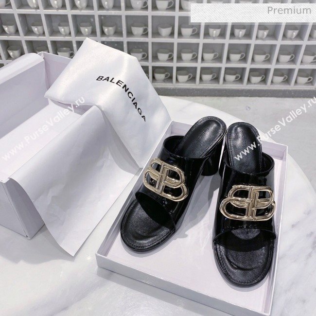 Balenciaga Oval BB Calfskin High-Heel Mules Slide Sandal Black/Gold 2020 (DLY-20031417)