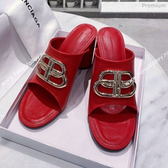 Balenciaga Oval BB Calfskin High-Heel Mules Slide Sandal Red/Gold 2020 (DLY-20031418)
