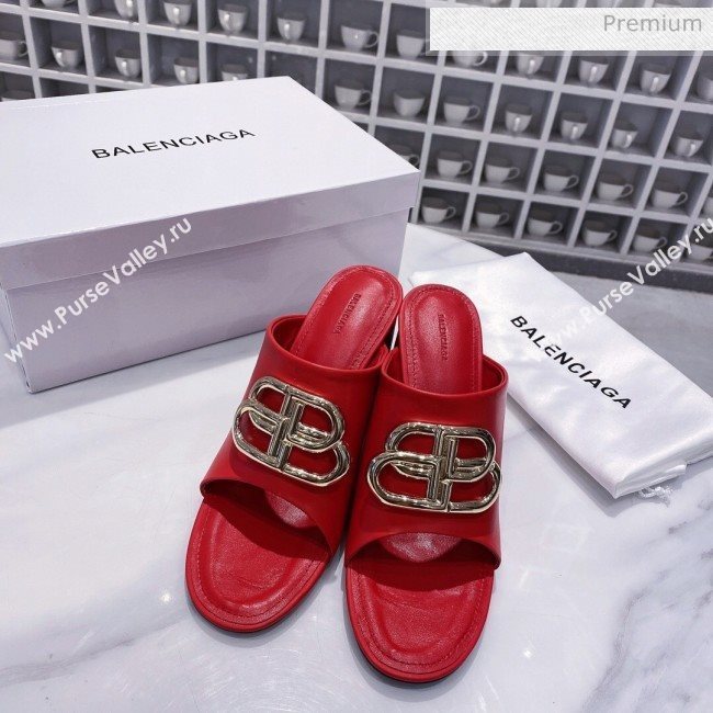 Balenciaga Oval BB Calfskin High-Heel Mules Slide Sandal Red/Gold 2020 (DLY-20031418)