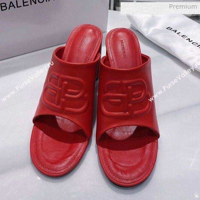 Balenciaga Oval BB Calfskin Heel Mules Slide Sandal All Red 2020 (DLH-20031437)