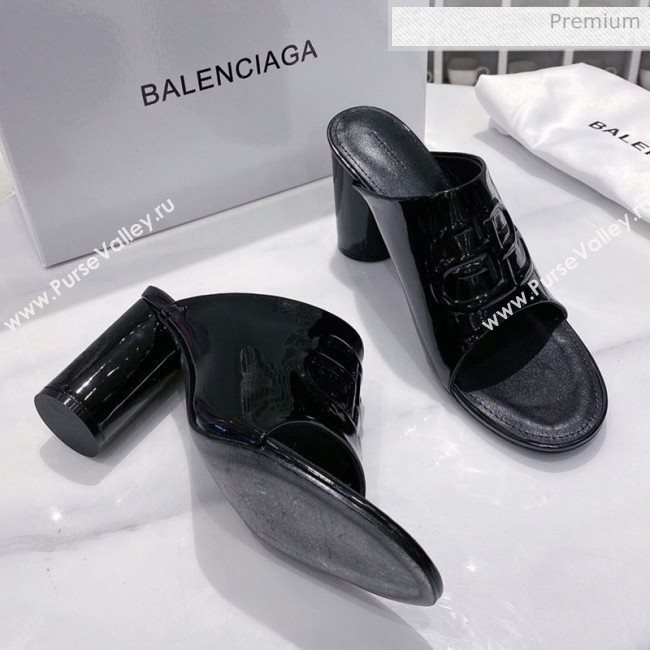 Balenciaga Oval BB Patent Leather Heel Mules Slide Sandal All Black 2020 (DLH-20031433)