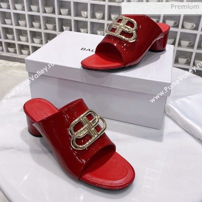 Balenciaga Oval BB Patent Leather Low-Heel Mules Slide Sandal Red/Gold 2020 (DLH-20031434)
