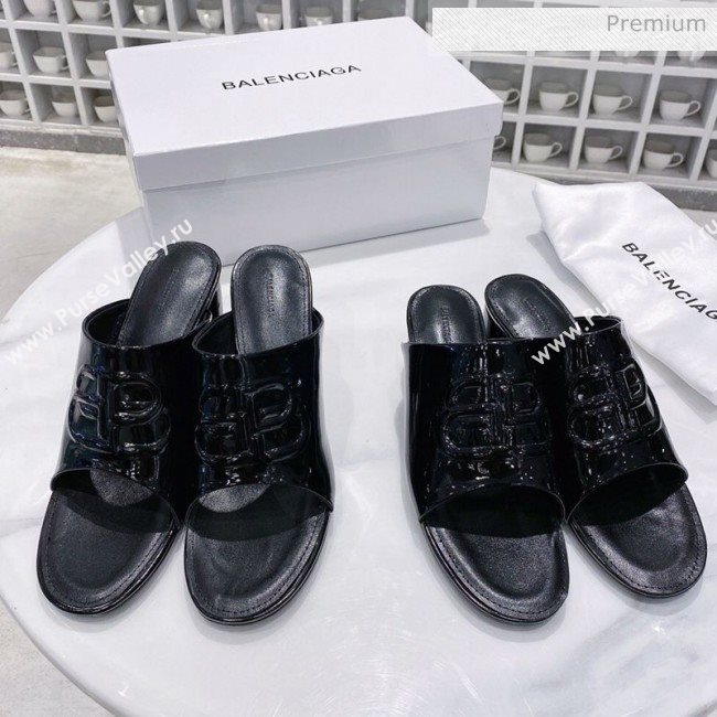 Balenciaga Oval BB Patent Leather Heel Mules Slide Sandal All Black 2020 (DLH-20031433)
