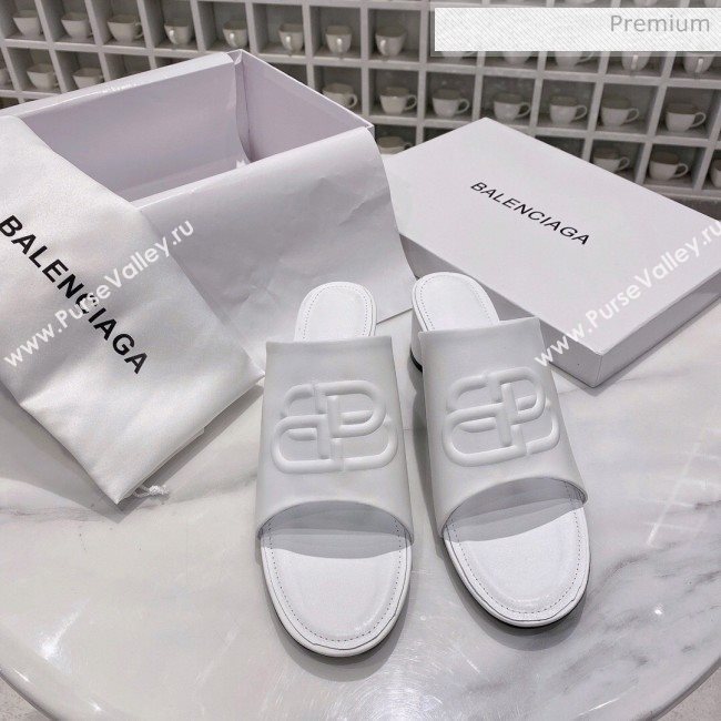 Balenciaga Oval BB Calfskin Heel Mules Slide Sandal All White 2020 (DLH-20031430)