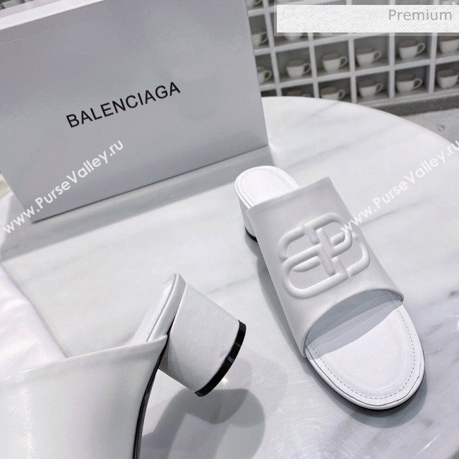 Balenciaga Oval BB Calfskin Heel Mules Slide Sandal All White 2020 (DLH-20031430)