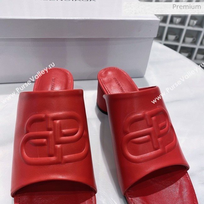 Balenciaga Oval BB Calfskin Heel Mules Slide Sandal All Red 2020 (DLH-20031437)