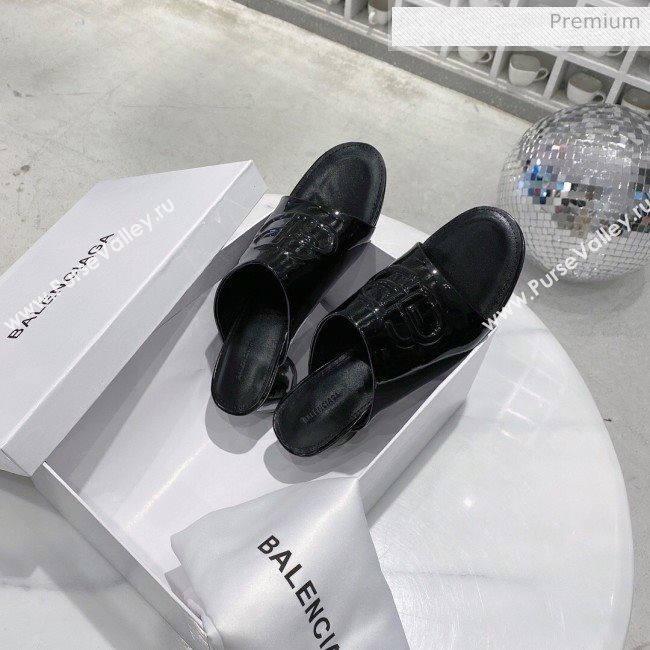 Balenciaga Oval BB Patent Leather Heel Mules Slide Sandal All Black 2020 (DLH-20031433)
