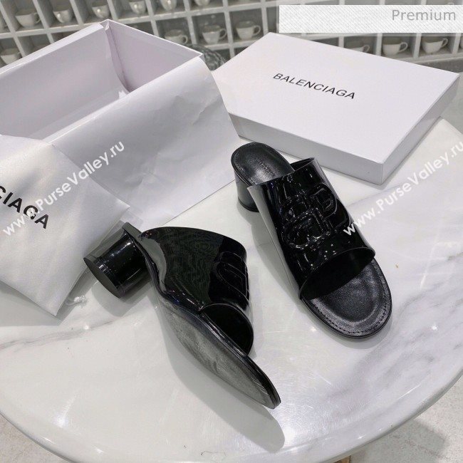Balenciaga Oval BB Patent Leather Heel Mules Slide Sandal All Black 2020 (DLH-20031433)