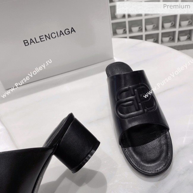 Balenciaga Oval BB Calfskin Heel Mules Slide Sandal All Black 2020 (DLH-20031439)