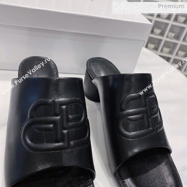 Balenciaga Oval BB Calfskin Heel Mules Slide Sandal All Black 2020 (DLH-20031439)