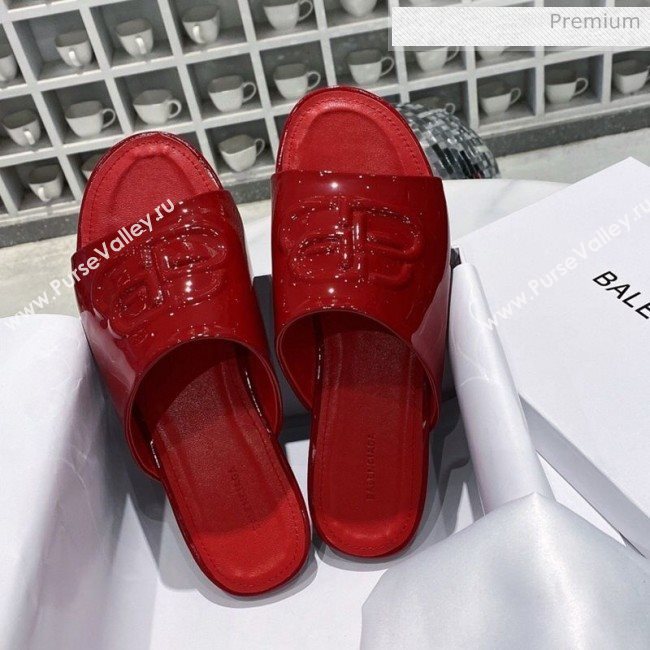 Balenciaga Oval BB Patent Leather Flat Mules Slide Sandal All Red 2020 (DLY-20031425)