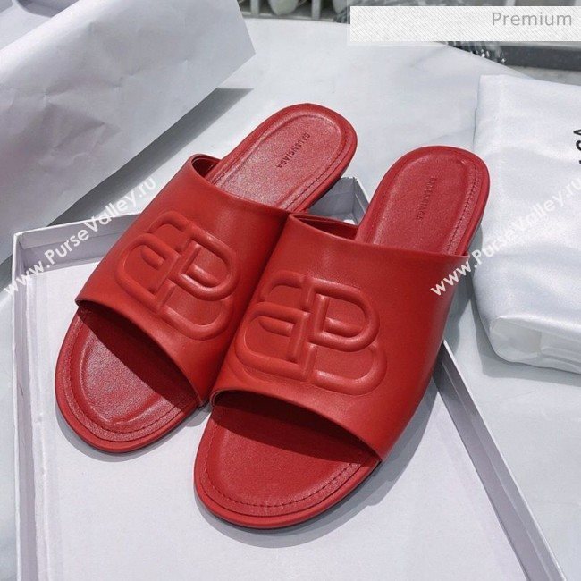 Balenciaga Oval BB Calfskin Flat Mules Slide Sandal All Red 2020 (DLY-20031423)