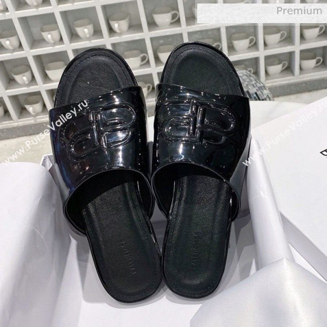 Balenciaga Oval BB Patent Leather Flat Mules Slide Sandal All Black 2020 (DLY-20031429)