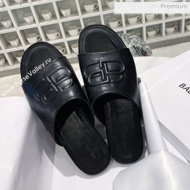 Balenciaga Oval BB Calfskin Flat Mules Slide Sandal All Black 2020 (DLY-20031427)