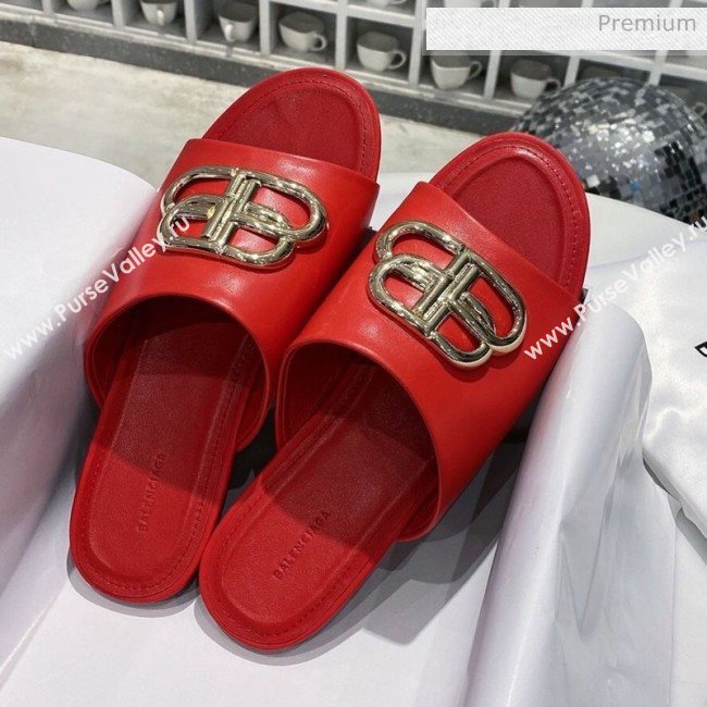 Balenciaga Oval BB Calfskin Flat Mules Slide Sandal Red/Gold 2020 (DLY-20031422)