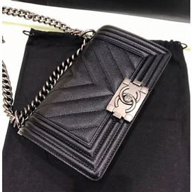 Chanel Original Quality small caviar chevron Boy Bag black With silver Hardware (shyang-92)