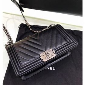 Chanel Original Quality caviar chevron medium Boy Bag black With silver Hardware (shyang-91)