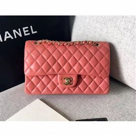 Chanel original quality Medium Classic Flap Bag 1112 peach pink in sheepskin with gold Hardware (shunyang-38)