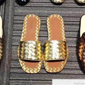 Bottega Veneta Intreccio Flat Slide Sandals Gold 2019 (HZJ-9040902)