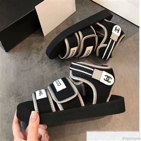 Chanel Flat Fabric Sandals G34727 Black/Gray 2019 (EM-9032809)