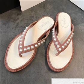 Chanel Flat Suede Pearl Slide Thong Sandal Light Pink 2019 (EM-9032810)