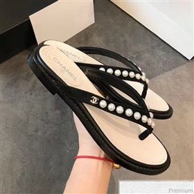 Chanel Flat Suede Pearl Slide Thong Sandal Black 2019 (EM-9032811)