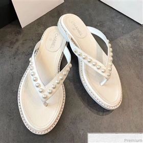 Chanel Flat Leather Pearl Slide Thong Sandal White 2019 (EM-9032812)