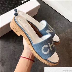 Chanel Denim Logo Slide Mule Sandals G34876 Blue/White 2019 (EM-9032815)