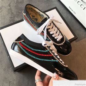 Gucci Crystal Stripes Sneakers in Black Patent Crinkled Leather 2019 (EM-9032817)