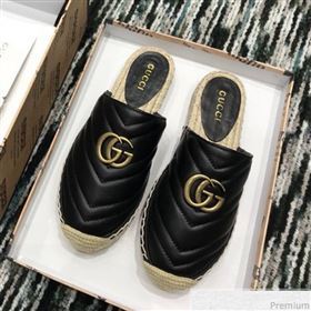 Gucci Leather Espadrille Mules Slippers with Double G 551881 Black 2019 (LRF-9032832)