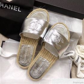 Chanel CC Laminated Leather Espadrille Slide Sandals Silver 2019 (LRF-9032836)