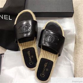 Chanel CC Laminated Leather Espadrille Slide Sandals Black 2019 (LRF-9032837)