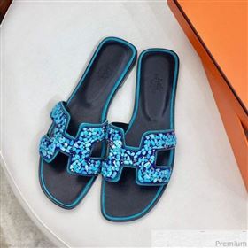 Hermes Oran Handstone Flat Slide Sandals Turquoise 2019 (HZJ-9032902)