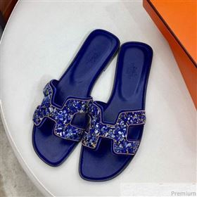 Hermes Oran Handstone Flat Slide Sandals Blue 2019 (HZJ-9032903)