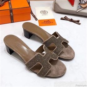 Hermes Oasis Crystal H Mid-Heel Slide Sandals Brown/Grey (4037-9031153)