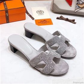 Hermes Oasis Crystal H Mid-Heel Slide Sandals White/Grey (4037-9031154)