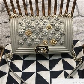 Chanel Camellia Large Boy Flap Bag A67085 Light Gray/Gold 2019 (JDH-9040320)