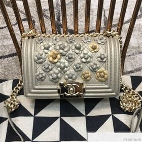 Chanel Camellia Small Boy Flap Bag A67085 Light Gray/Gold 2019 (JDH-9040319)