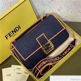 Fendi Baguette Large Denim Flap Bag Dark Blue/Neon Orange 2019 (CL-9031350)