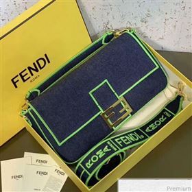 Fendi Baguette Large Denim Flap Bag Dark Blue/Neon Green 2019 (CL-9031348)