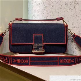 Fendi Baguette Large Denim Flap Bag Dark Blue/Red 2019 (CL-9031349)