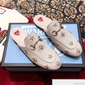 Gucci Pricetown Flat Embroidered Bee Leather Slipper Mules White/Gold 2019 (KL-9031365)