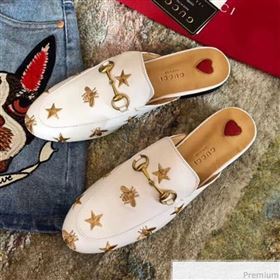 Gucci Pricetown Flat Embroidered Bee Leather Slipper Mules White/Beige Insole 2019 (KL-9031366)