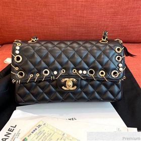 Chanel Eyelet and Chain Classic Flap Bag A01112 Black/Gold 2019 (KN-9031506)